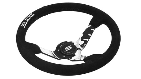 Kierownica SLIDE 350 mm czarno - biała zamsz hydrografika sportowa offset 90 mm