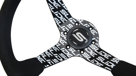 SLIDE steering wheel 350 mm suede hydrographic Silver Strip - sport, 90 mm offset 